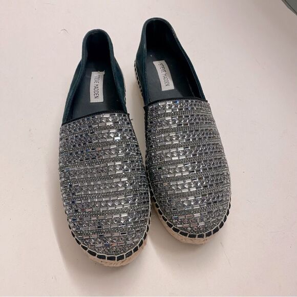 STEVE MADDEN Proud Black Silver Embellished Leather Platform Espadrilles shoe 10 - Picture 3 of 12